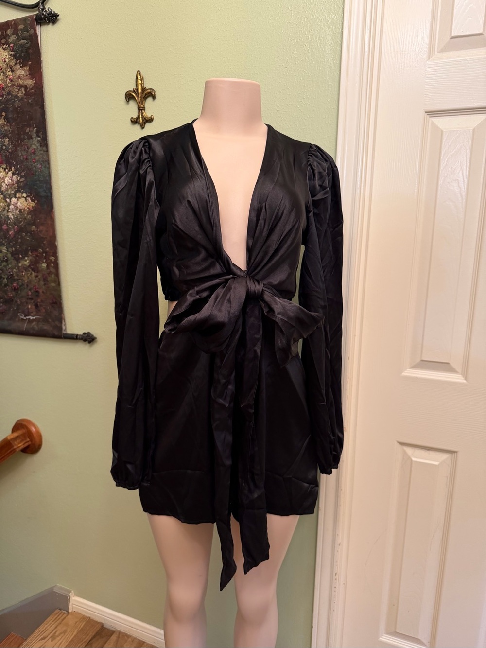 Black Satin Tie-Front Sleep Romper